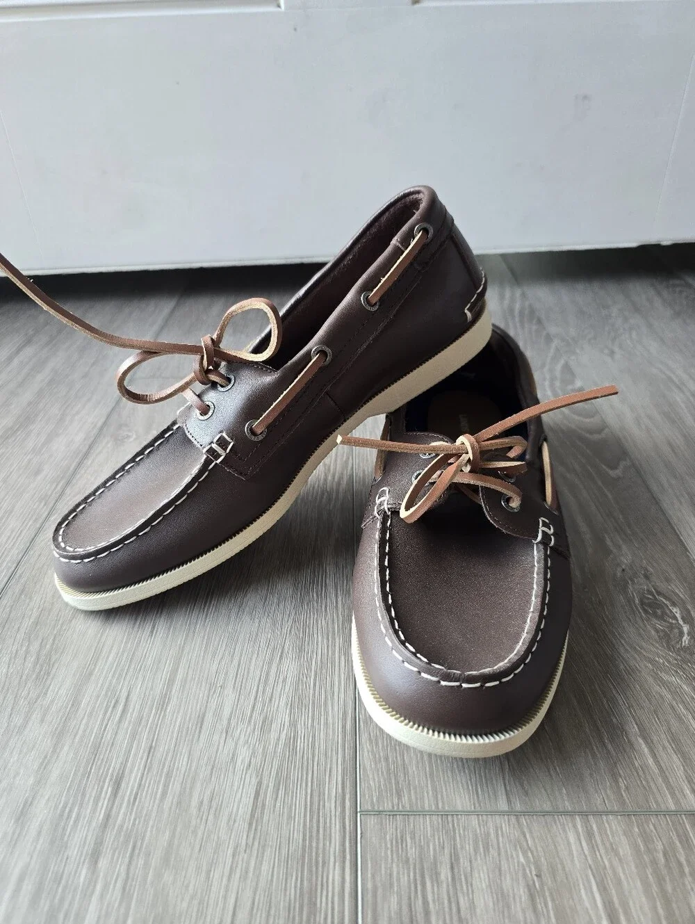 Lands End Seaport Brown Leather Boat Shoes Womens 9.5 Lace Up Moccasin Loafer